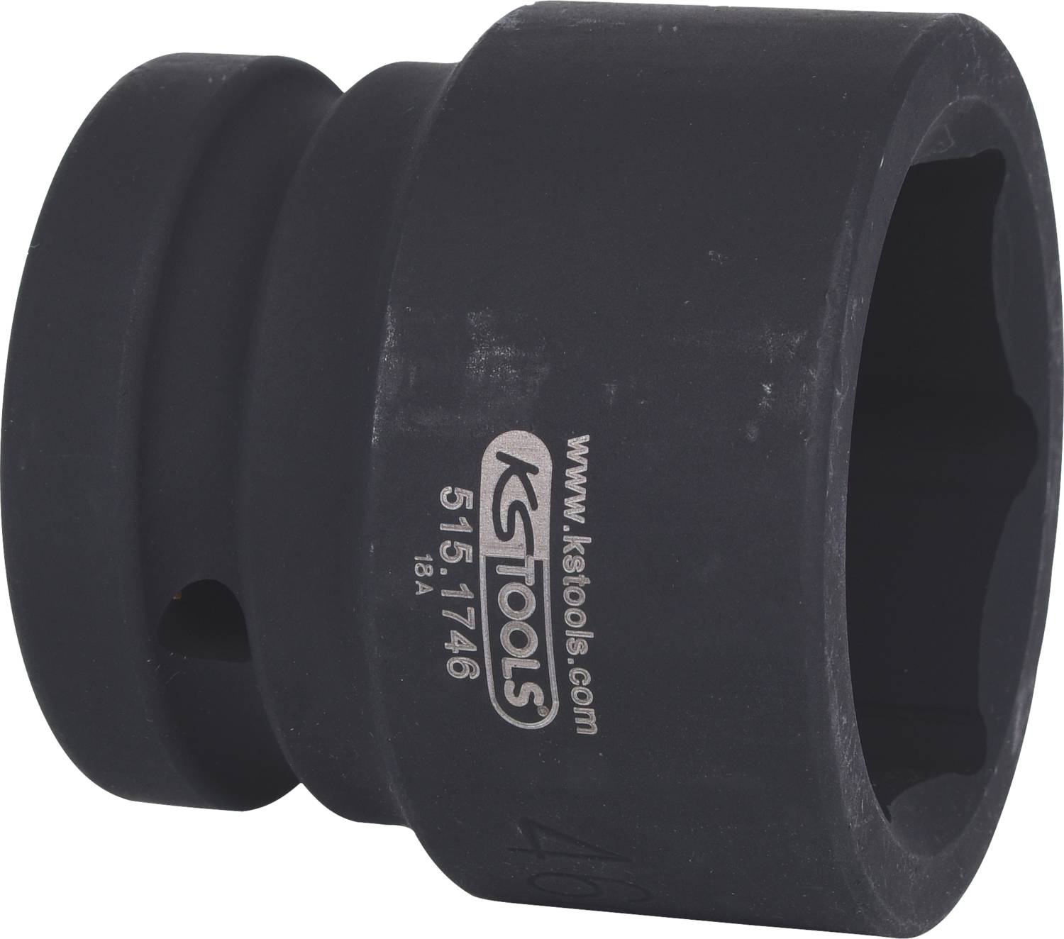 'Impact socket' made of black metal with a hexagonal opening and a mist hole. Marked with 'KS TOOLS' and model number.