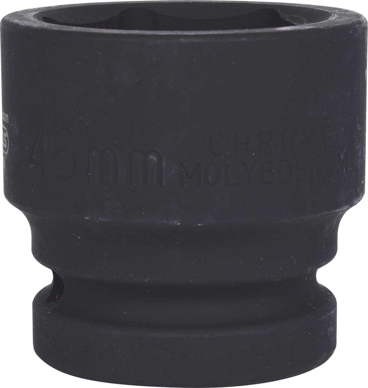 Black 46 mm impact socket made of chromium-molybdenum steel, commonly used for loosening or tightening nuts and bolts in mechanical engineering work.