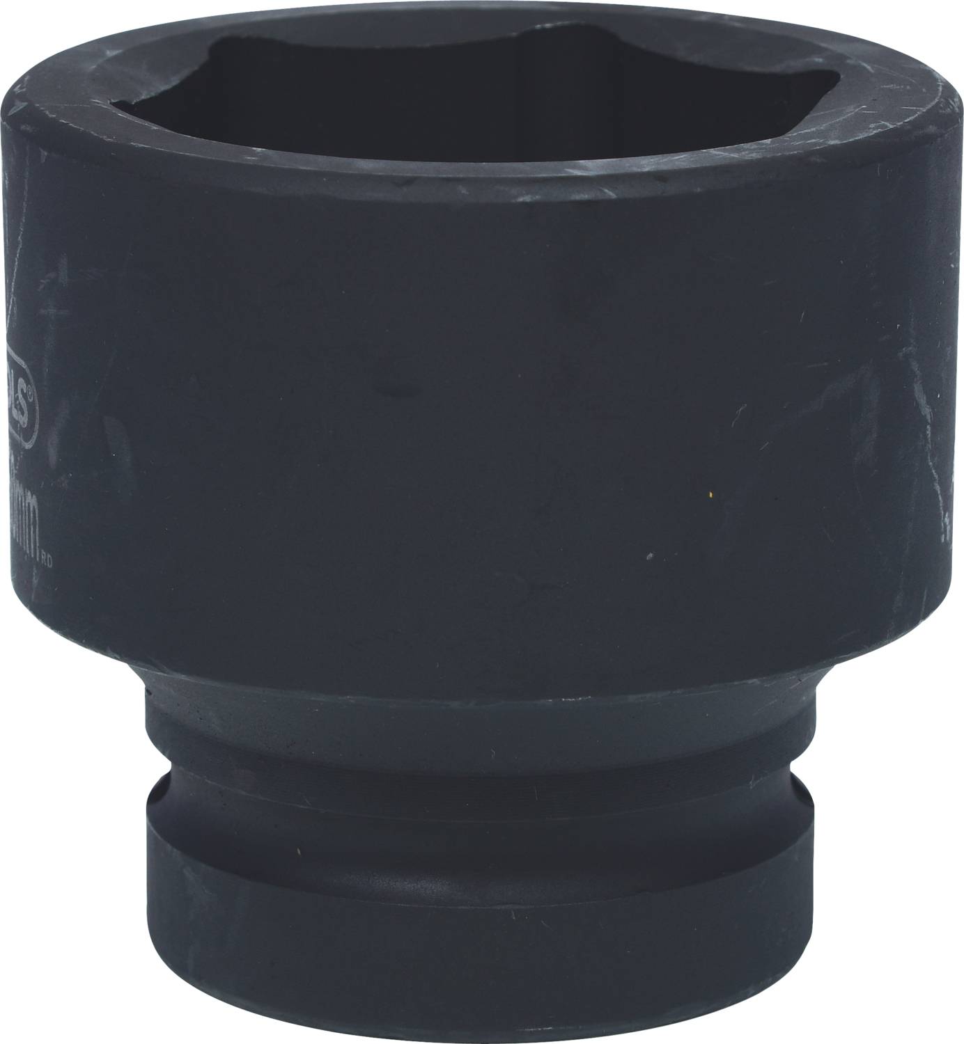 A large, black tool socket, cylindrical with a wide, hexagonal internal profile, suitable for heavy-duty work.