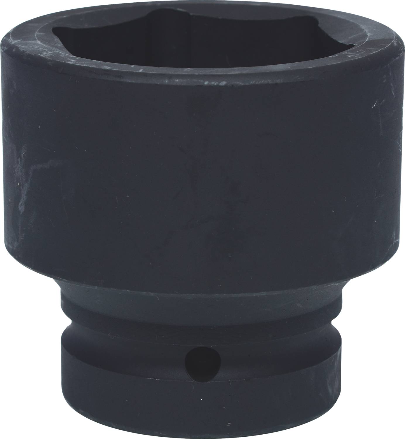 A large, black metal socket body, cylindrical with a square internal profile, suitable for oversized nuts.