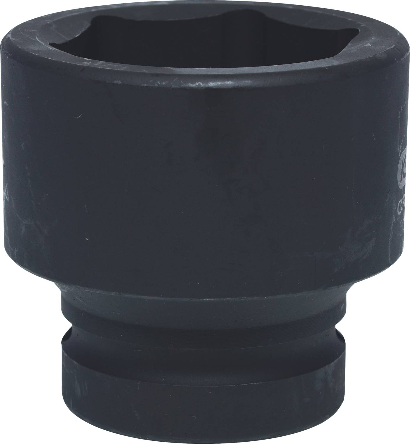 Black hexagon nut, cylindrical, suitable for large bolts and nuts. Smooth surface and robust construction.