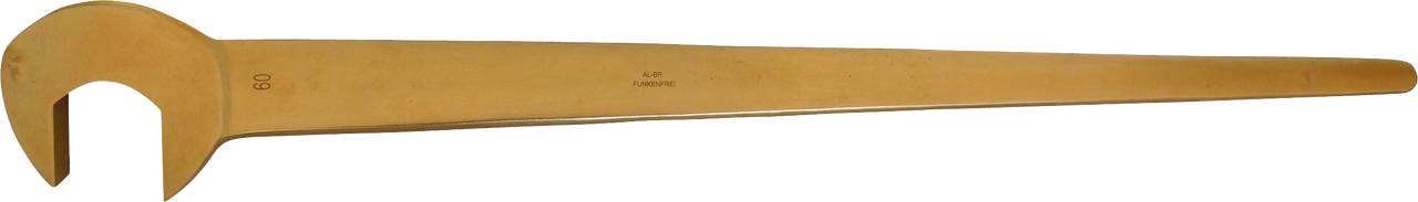 A large, gold-coloured spanner, horizontally positioned, against a white background.