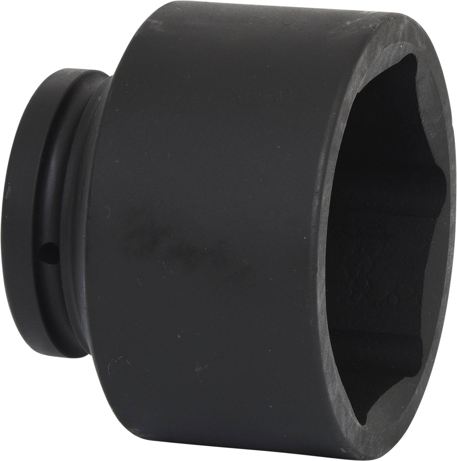 A black socket extension with a round opening, suitable for large nuts and bolts, on a white background.