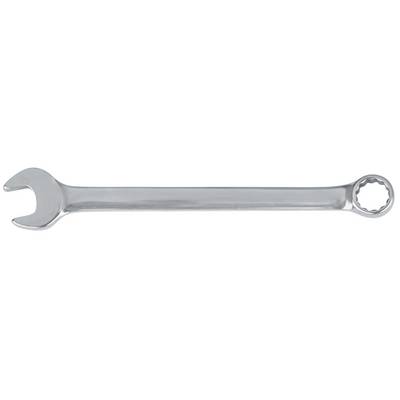 A silver ring spanner with an open jaw at one end and a round end with internal teeth.