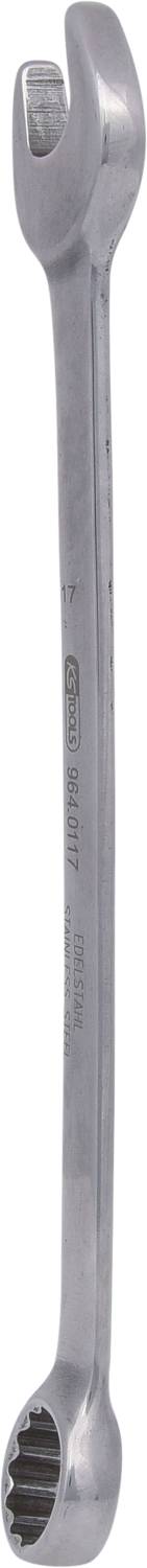 A silver spanner with an open-ended and ring-ended side for tightening or loosening bolts and nuts.