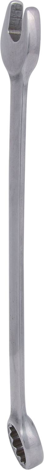 A silver spanner with an open and ring-ended design, used for tightening or loosening screws and nuts.