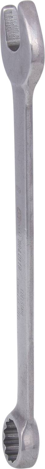 A silver ring spanner with an open jaw on the left side and a ring side on the right. Tool for screw-related work.