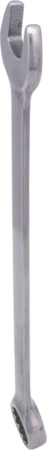 The image depicts a silver spanner with an open and ring-shaped end, standing upright.