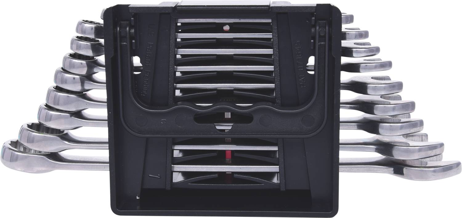 A set of spanners in various sizes is stacked on a plastic holder, which allows for easy accessibility.