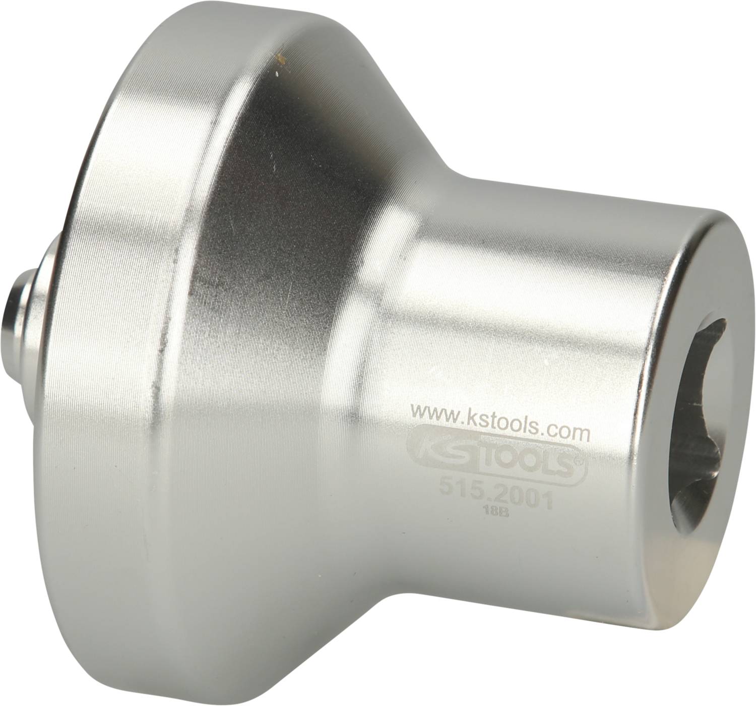 Metallic tool component, cylindrically shaped, with a hole at the front and inscription 'www.kstools.com' on the side.