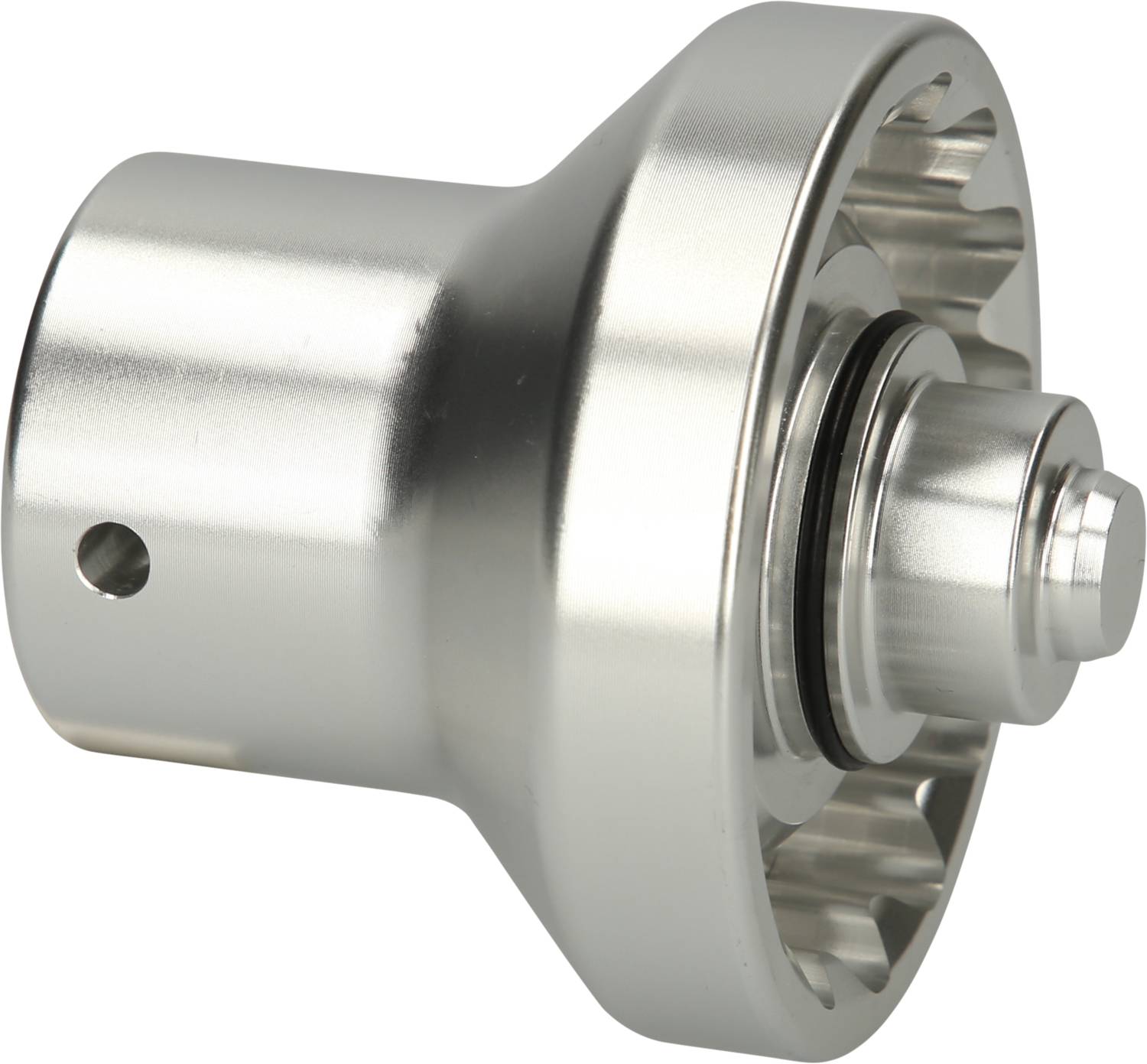 Silver metal coupling with toothed inner surface and sealing ring, possibly part of a machine or vehicle component.