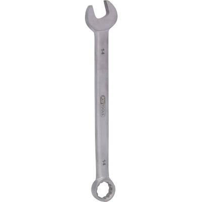 A silver-coloured combination spanner with both an open-end and a ring-end. Both ends are marked with the number '14'.
