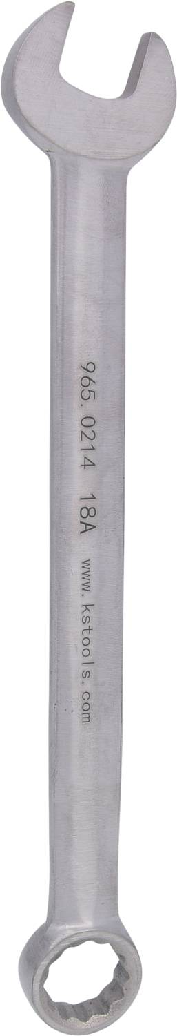 Metal mouth spanner, one side open, other side with ring, size 18 mm. Text on handle: '965 CR-V 18' and website address.