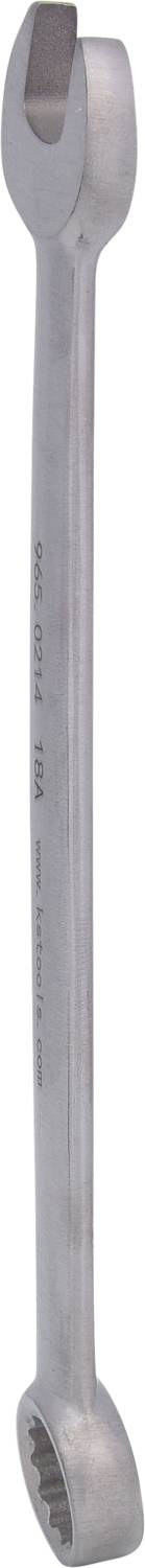 A chrome-plated combination spanner with size marking on the shaft. The tool has an open-end and a ring-end side.