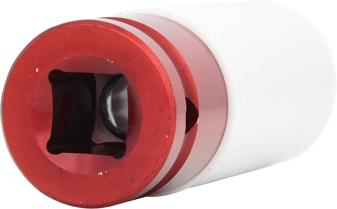 Red and white cylindrical mechanism, presumably part of a larger technical device, with a metallic surface.