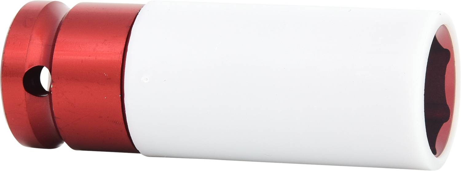 A cylindrical tool with a white plastic body and a red metal end, which may be used for fastening.