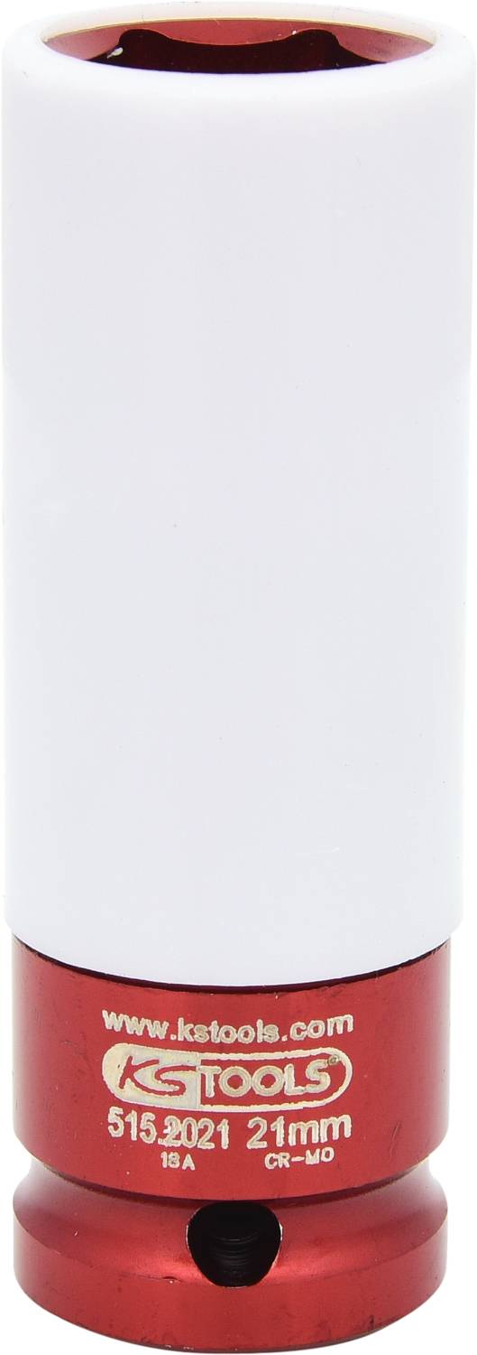 Socket with white protective cover, 21 mm size, KS Tools brand, made from chrome-vanadium molybdenum steel, designed for screw work.