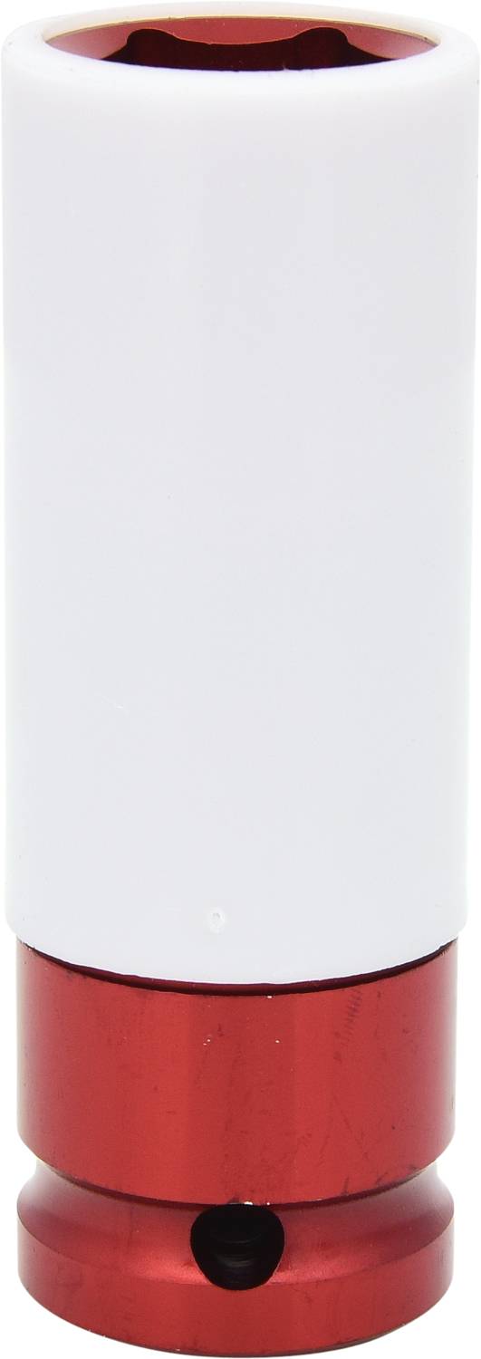 A white socket with a red base, used for tightening or loosening nuts and bolts, standing upright.