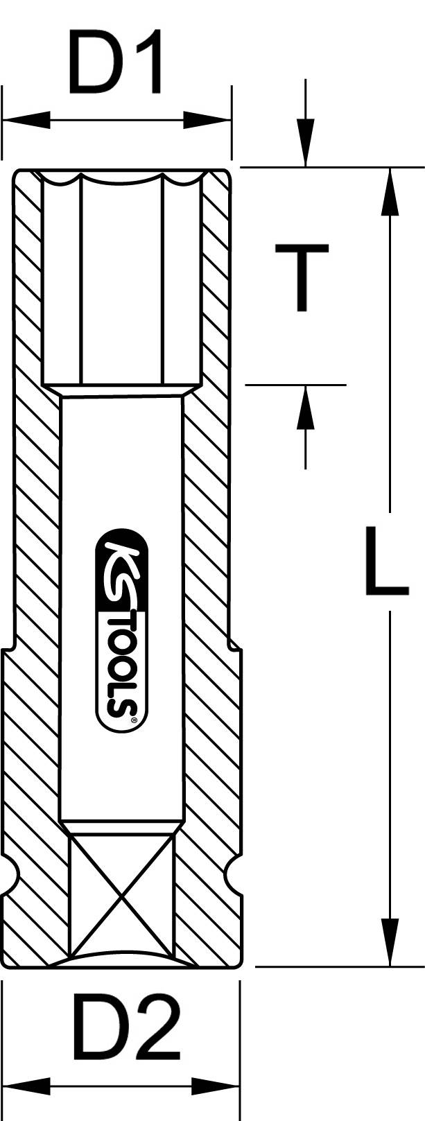 Technical drawing of a socket wrench with dimensions: D1, D2, T, L. Shows marking 'KS Tools'.