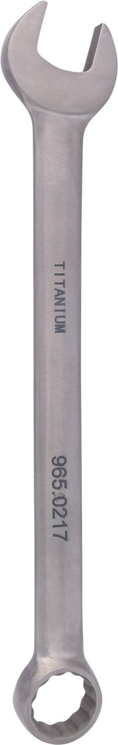 Titanium spanner with open and ring-ended sides, suitable for various nuts and bolts.
