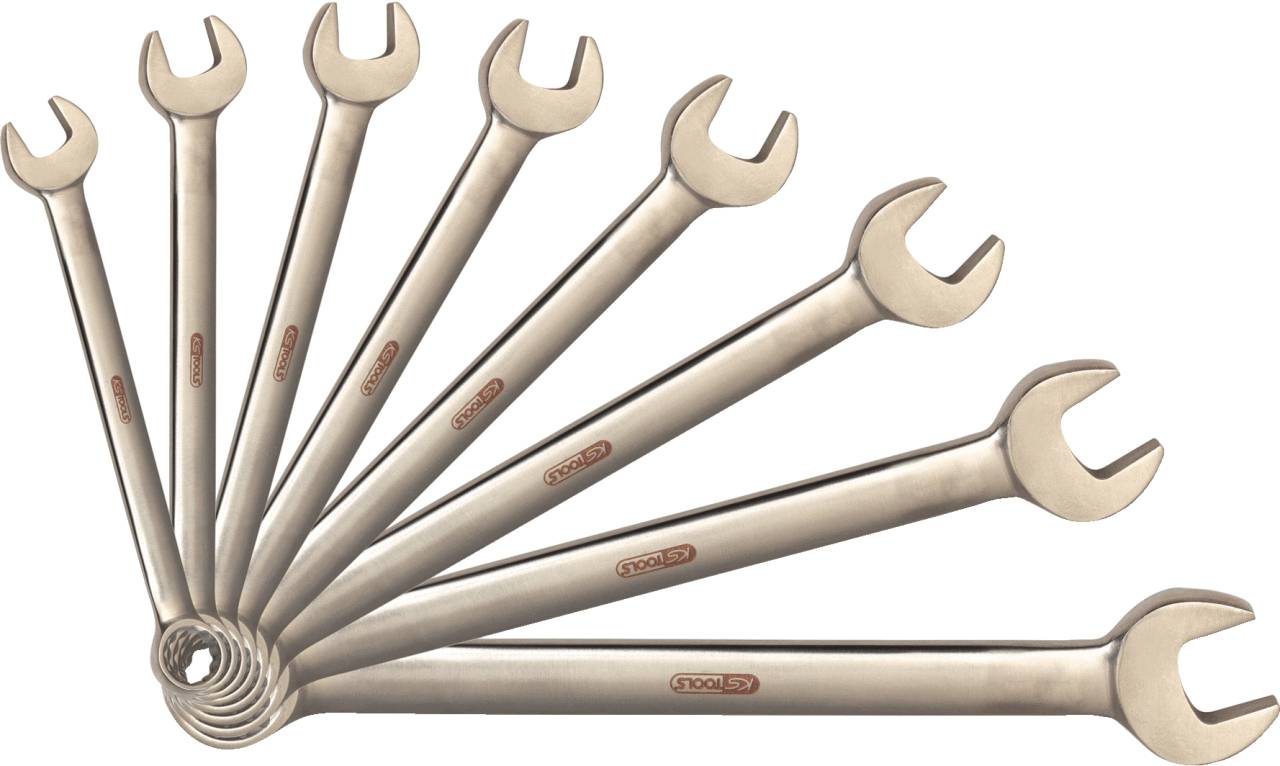 A fan of nine open spanners, ranging in size from small to large.