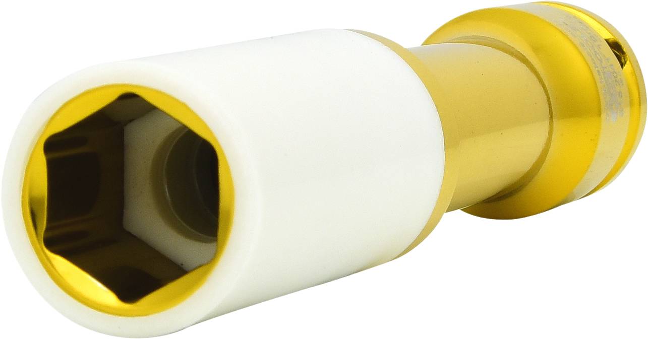 A golden torque wrench attachment with a white protective body, lying horizontally. Ideal for delicate wheel mounting work.