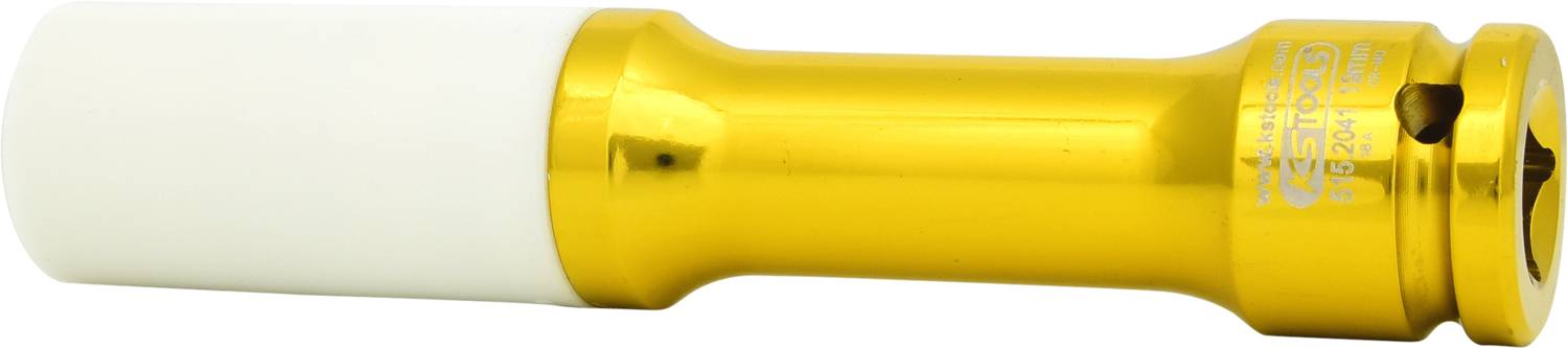 Golden tool with white handle, cylindrical shape.