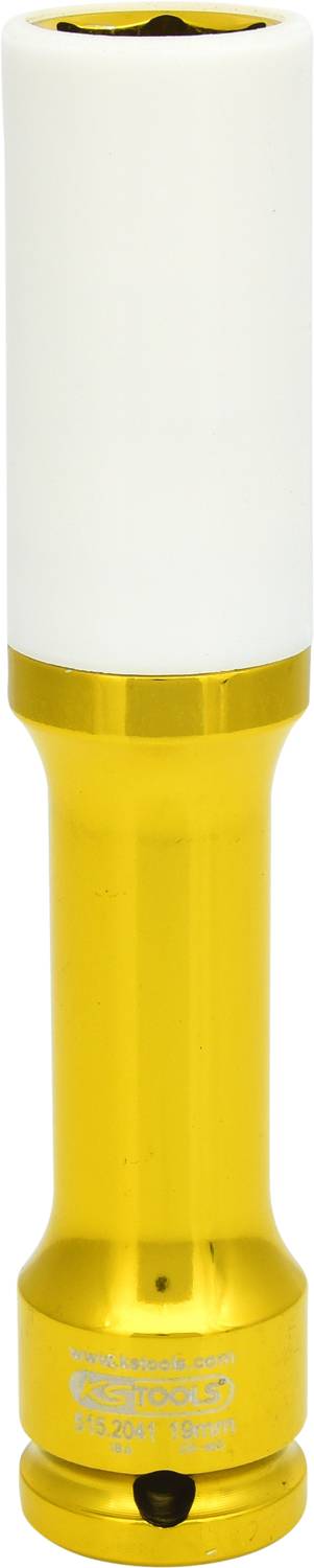 Yellow and white metal lamp with a cylindrical shape.