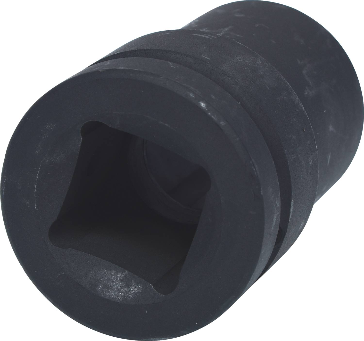 A black rubber socket adaptor with a square opening, suitable for use with spanners or ratchets.