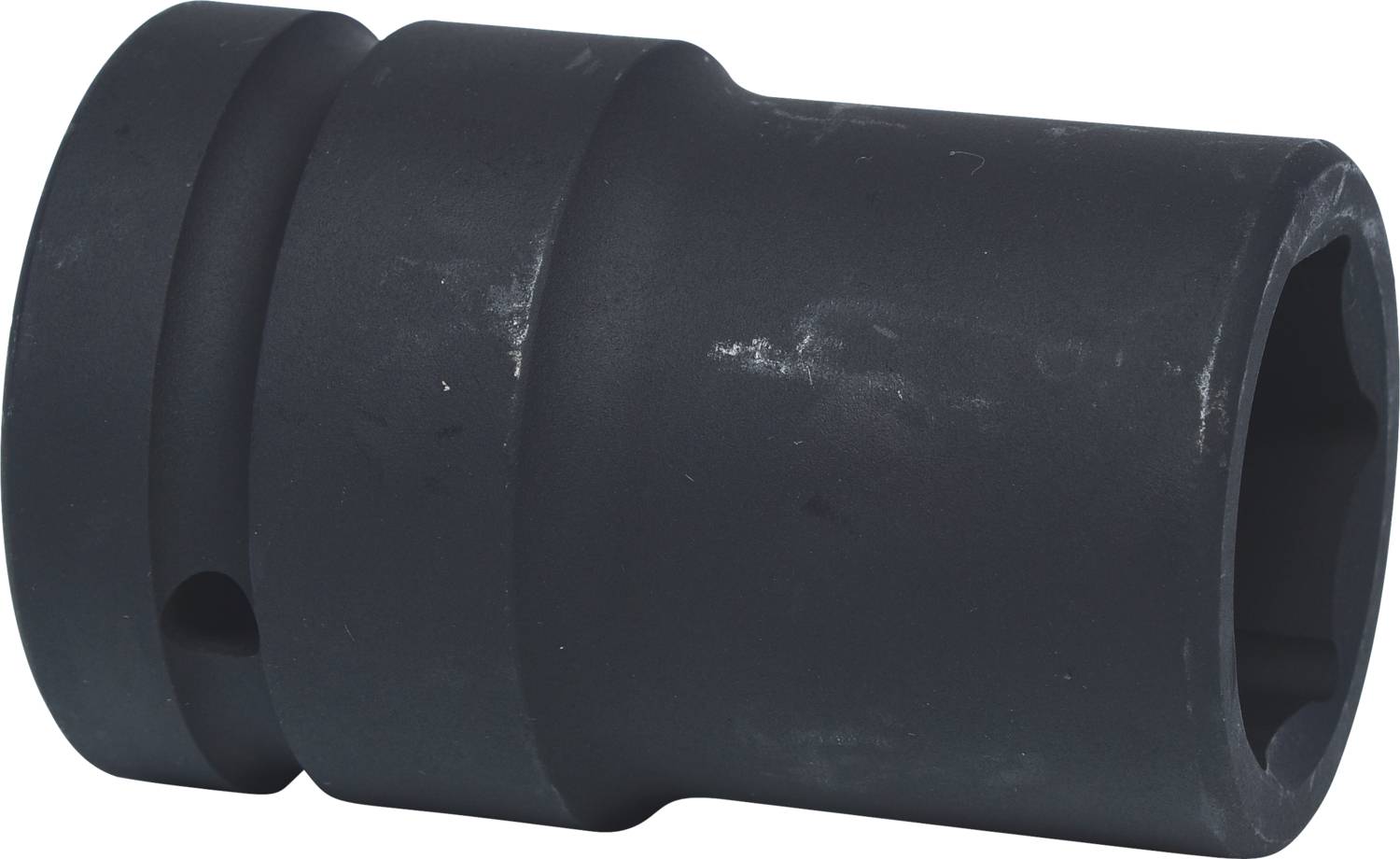 A black, cylindrical socket wrench with a hexagonal opening, used for loosening nuts and bolts.