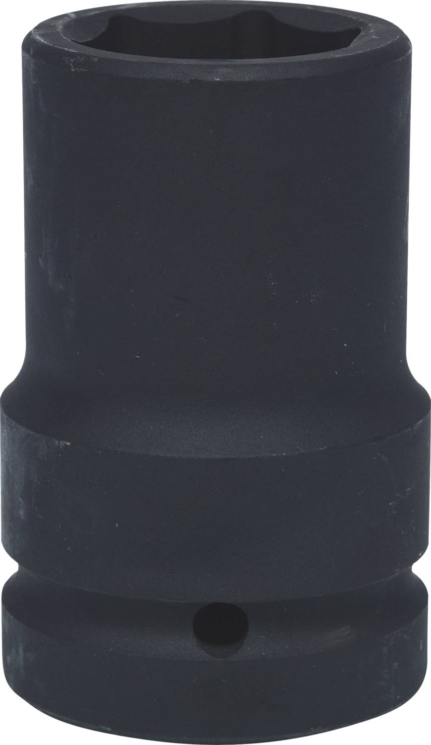 A black socket nut, cylindrically shaped, used for screw or nut work, isolated against a white background.