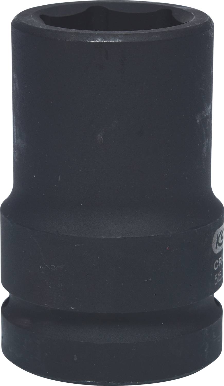 A black metal pin nut, cylindrical, against a white background.