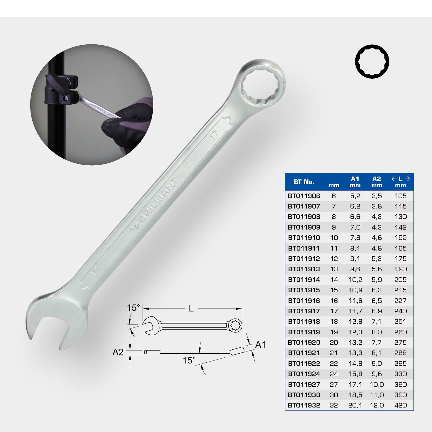 'Ring Spanner' with Size Specifications. Table shows various dimensions. Image top left displays tool in use.