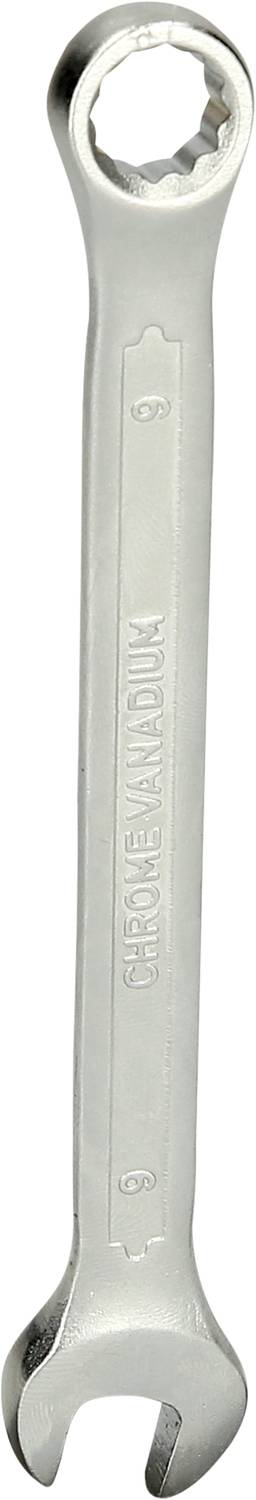 A silver metal spanner with an open-ended and a ring-ended head. Suitable for loosening and tightening nuts and bolts.