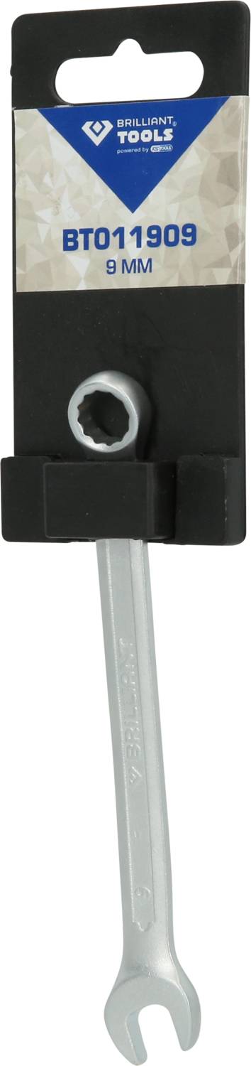 A 9 mm spanner from the Brilliant Tools brand, presented on a black holder, article number 'BT011909'.