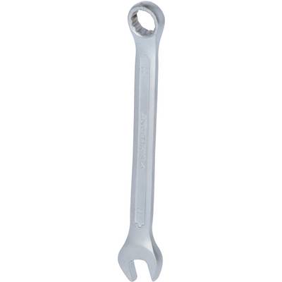 A silver spanner with a ring and an open end, commonly used for repairs and mechanical work.