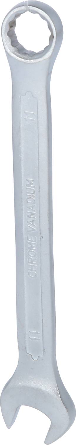 Metal spanner, silver in colour, with an open-ended and ring side, for loosening or tightening screws and nuts.