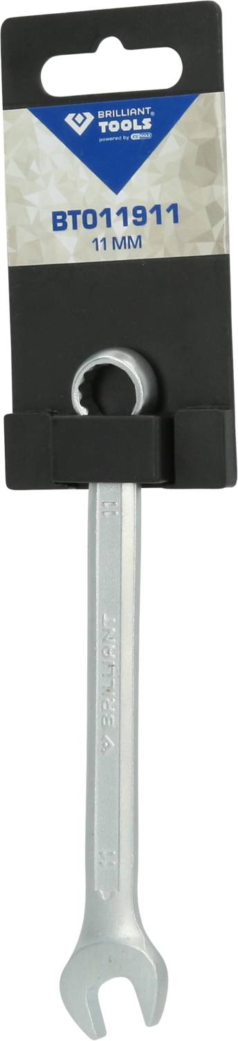 Metal adjustable wrench, 11 mm size, packaged in a black holder with a blue label, brand name at the top.