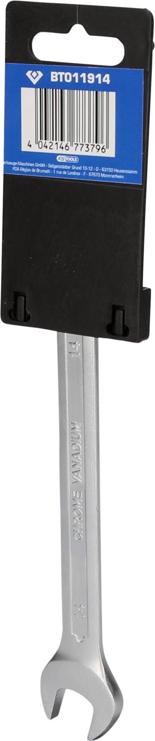 Silver-coloured spanner attached to a black and blue packaging with a barcode and the number 'BT011914'.