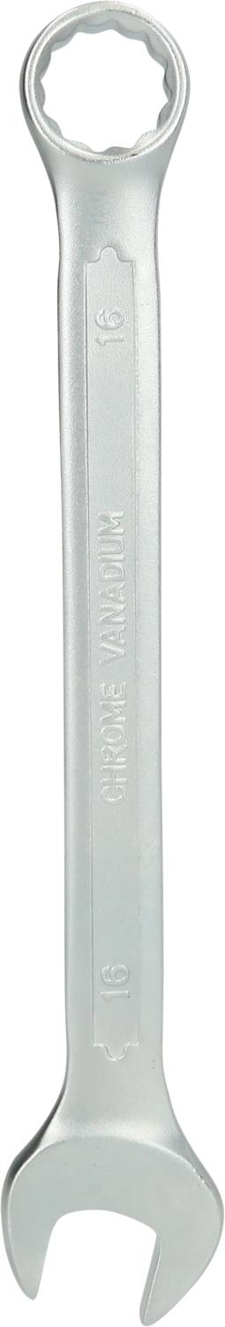 Silver spanner with ring and open-end, suitable for nuts or bolts, on a white background.