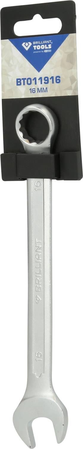 A silver spanner, 18 mm in size, packaged in a black holder by 'Brilliant Tools'.