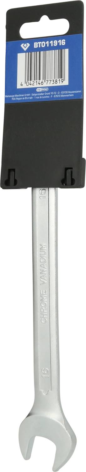 A silver metal spanner in a black and blue packaging with a barcode at the top, size embossed on the tool.