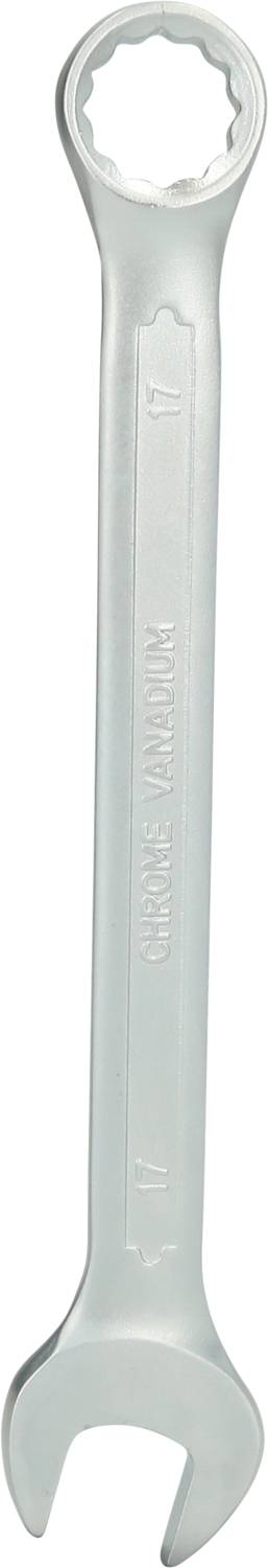 A silver spanner with an open and a closed end, suitable for 17 mm sizes.