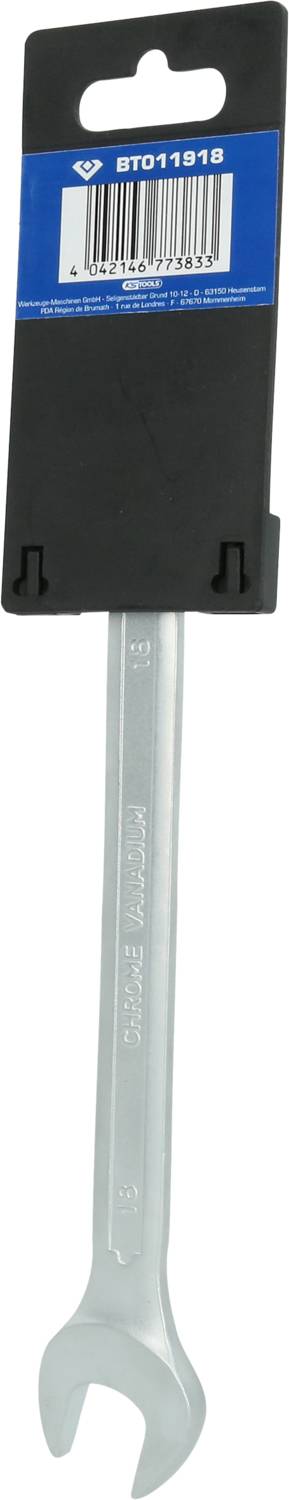 A silver spanner with a black and blue packaging bearing a barcode is displayed vertically.