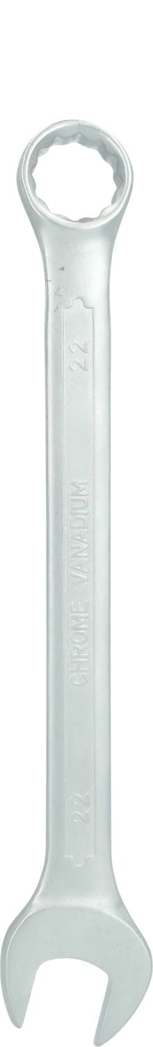 A silver double-ended spanner with an open and a ring-shaped side, suitable for turning screws and nuts.