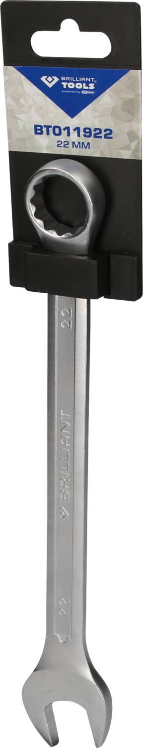 'Ring and box spanner, 22 mm, packaged on a wall bracket with a black plastic holder.'