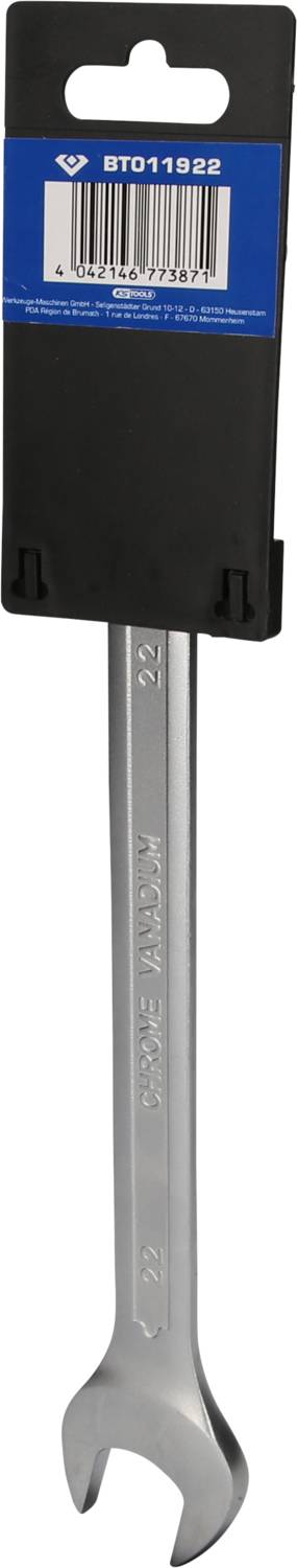 A silver spanner measuring 24 mm with a black packaging holder and a barcode label on top.