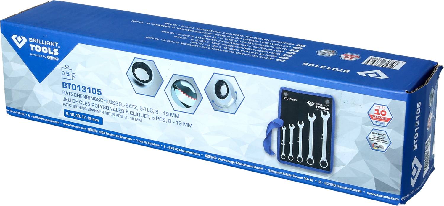 'Brilliant Tools Ratchet Ring Spanner Set in Case, 5 Pieces, 8-19 mm'