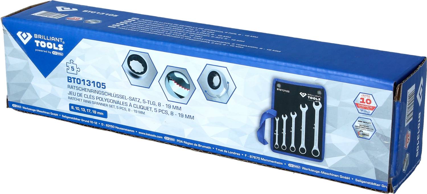 'Ratchet Spanner Set, 5-piece, 8-18 mm, with practical holder. Includes: 8, 10, 13, 17, 19 mm. 10-year guarantee.'