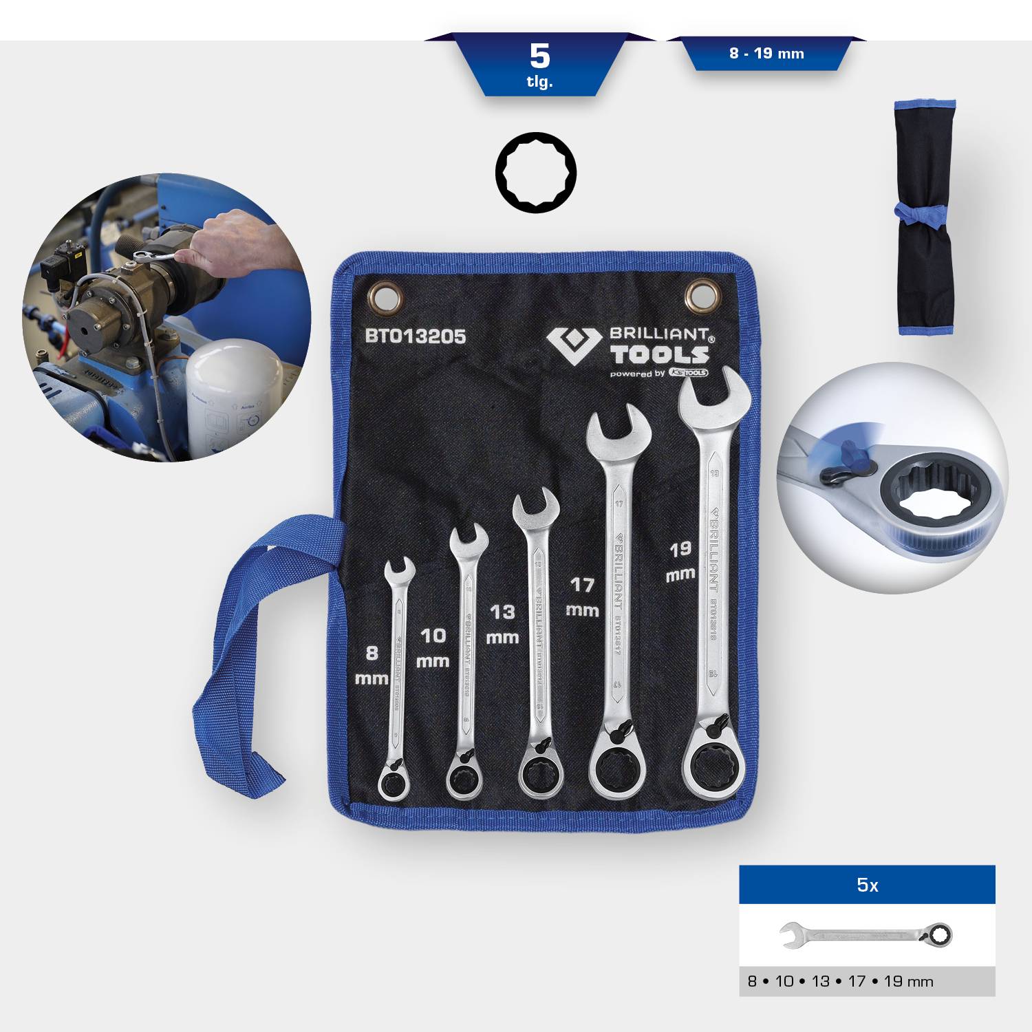 'Set of five open-ended spanners in sizes 8-19 mm in a fabric pouch. Contains: 8, 10, 13, 17, 19 mm. Tool used for motorcycle repair.'